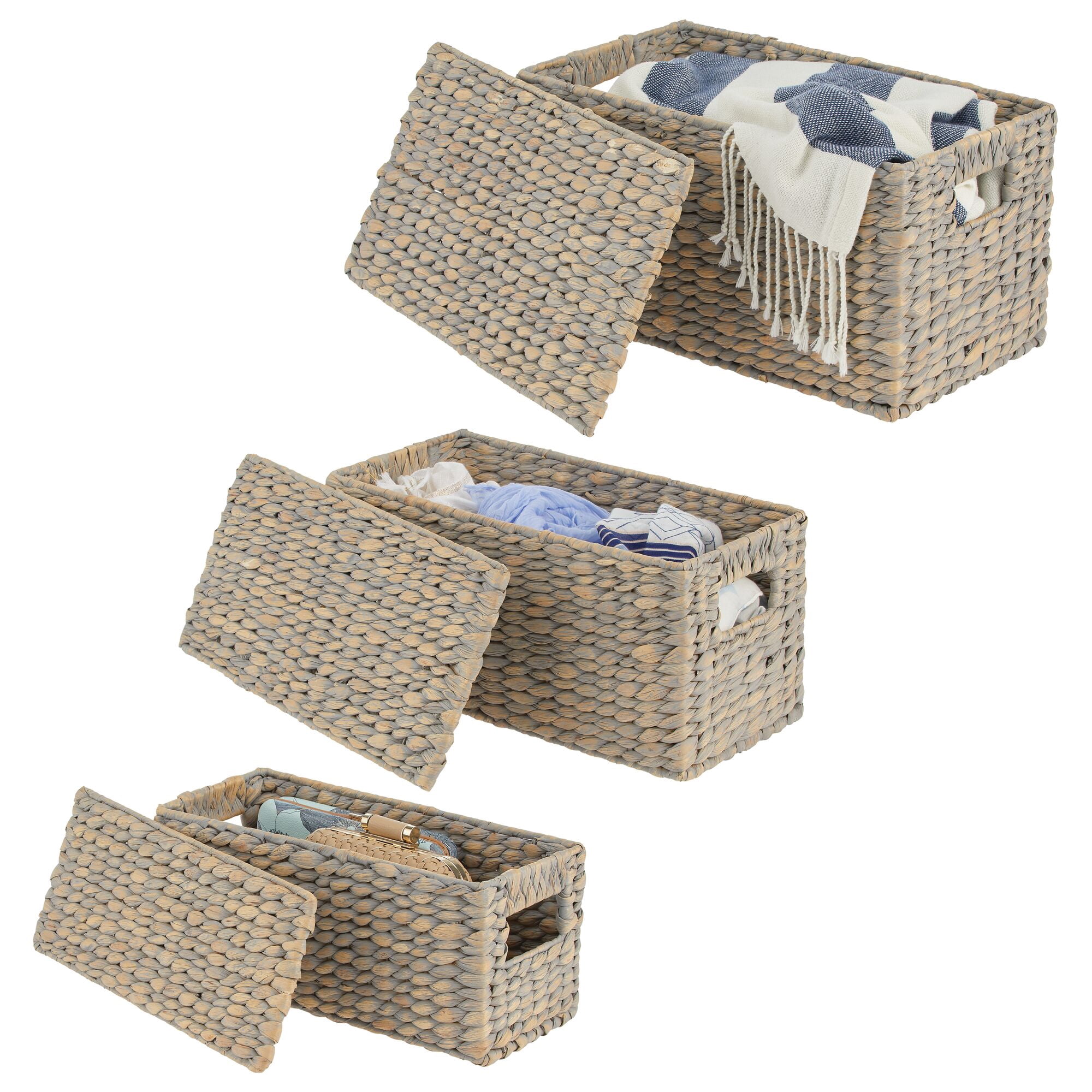 mDesign Woven Water Hyacinth Storage Basket with Lid/Handles, Set of 3 - Gray
