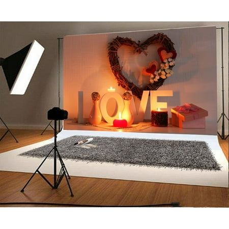 Robert Wicker Photography HelloDecor Polyster 7x5ft Photography Backdrop Romantic Still Life With Wicker Heart Word LOVE and Candle Scene Photo Background Children Baby Adults Portraits Backdrop ()