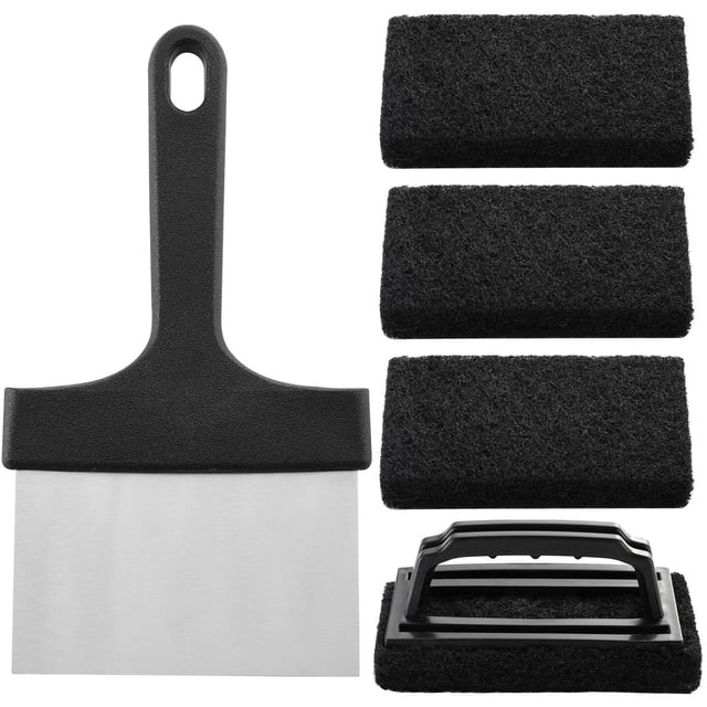 Kit de limpieza de plancha premium de 5 piezas, práctico raspador de alimentos de acero inoxidable combinado con 4 estropajos abrasivos antigrasa, el mejor juego de herramientas de limpieza para uso