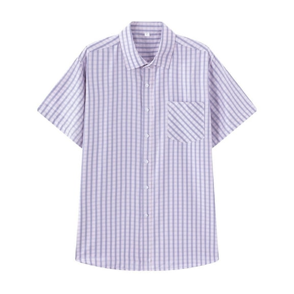 hotojiny Men's Short Sleeve Shirt Regular Fit Button Down Collar Shirts Business Wedding Casual Plaid Shirt with Pocket