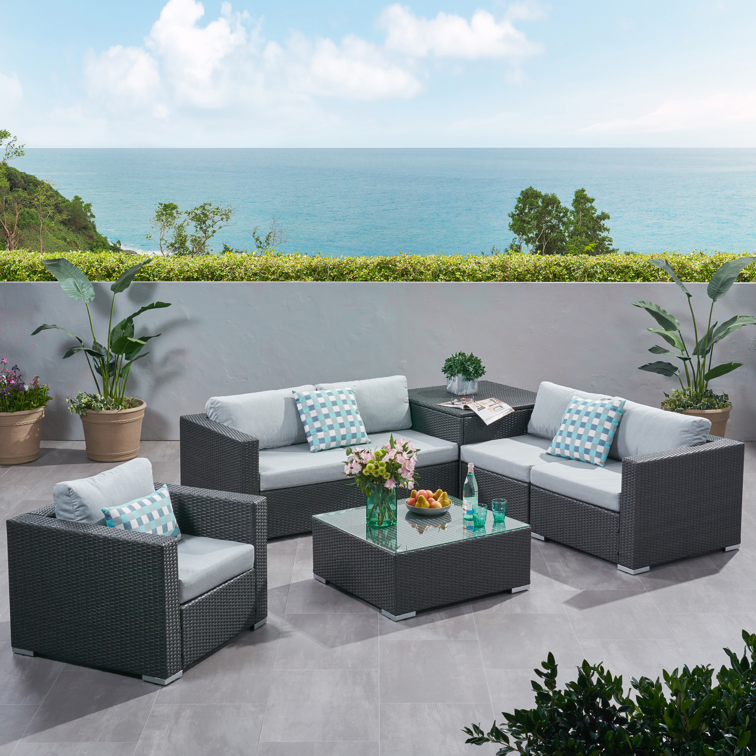 Faviola Outdoor 5 Seater Wicker Sectional Sofa Set with Storage Ottoman and Sunbrella Cushions, Gray and Sunbrella Canvas Granite - image 2 of 11