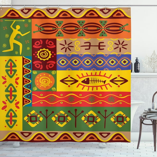 African Shower Curtain Set, Abstract Ethnic West African Tribal Folk