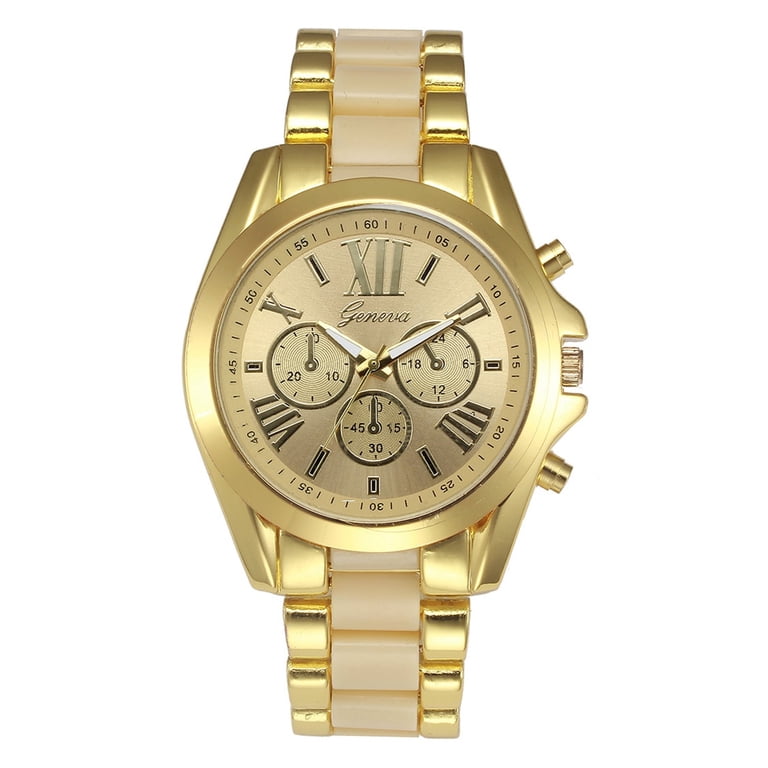 Geneva Luxury Stainless Steel Gold Dial Quartz Analog Women Watch