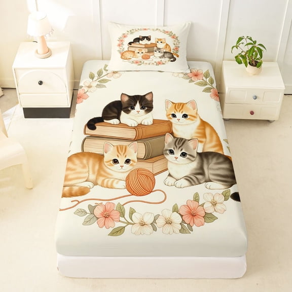 Manfei Kawaii Kitten Twin Fitted Sheet, Boho Western Flower Bedding, Cream, 2pcs, 1 Fitted Sheet and 1 Pillowcase