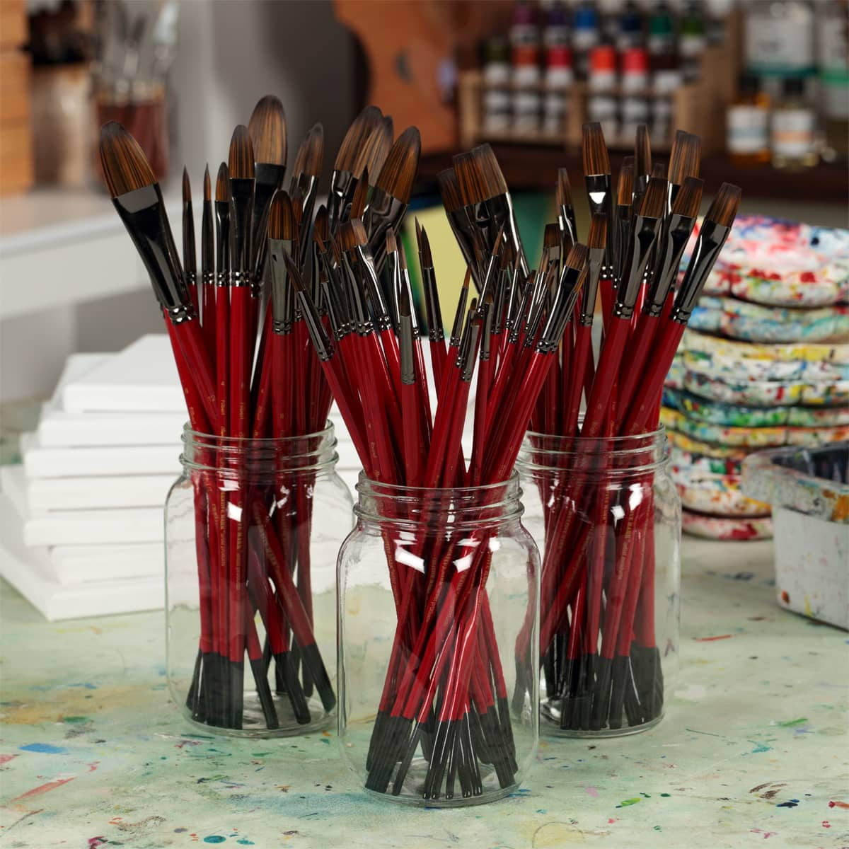Creative Mark Staccato Artist Paintbrush - Assorted Shapes and Sizes - Bulk Pack of 72 - Synthetic Long Handled Brushes For Acrylic Paints, Handmade and Full Bodied With Springy Response