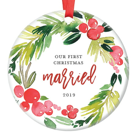 Just Married Ornament 2019, Christmas Gifts Newlyweds, Our First Christmas Married, Husband & Wife Modern 1st Xmas Present Idea Ceramic 3