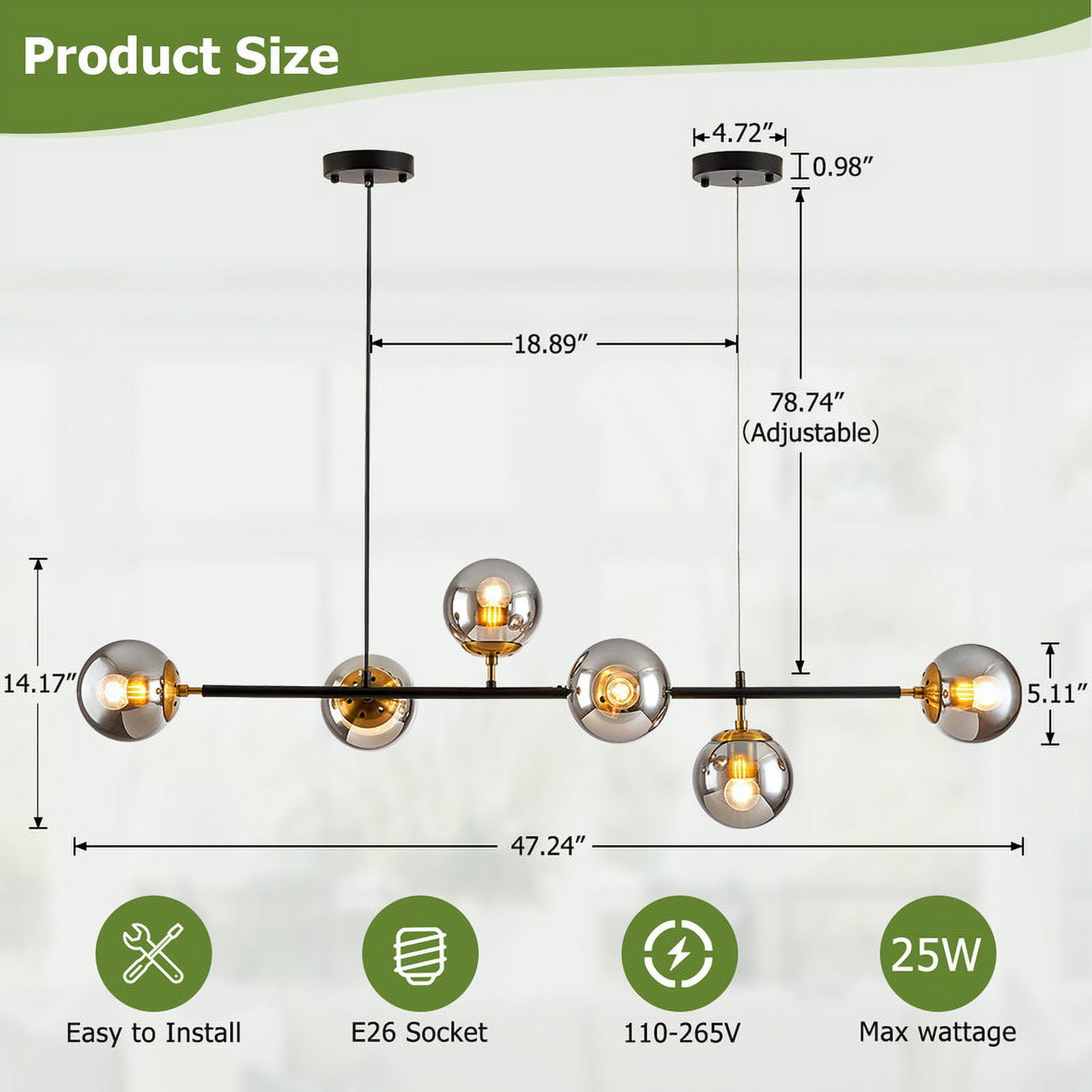 Vikaey Mid Century Modern chandelier Black and Smoke Gray Glass Globe Linear Ceiling Light Fixture 6-Light Adjustable Pendant Light Fixture for Kitchen,Living Room,Dining Room