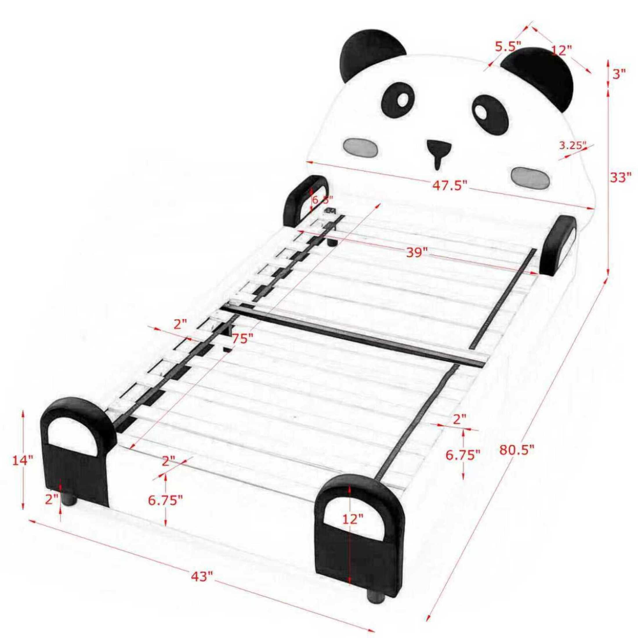 Noble House Brento Twin Size Panda Kids Bed, Whimsical Toddler Bed Frame with Soft Padded and Wooden Legs, Black & White