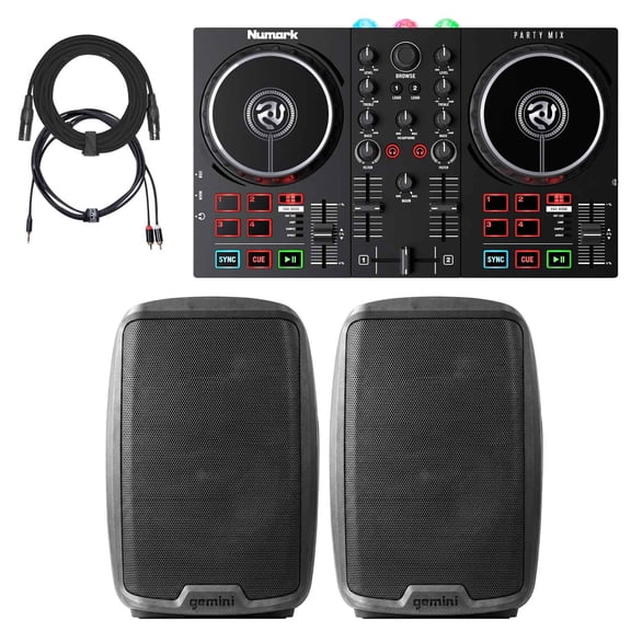 Numark Party Mix II Built-In Light Show DJ Controller with Gemini AS-2112BT 12" Active Speakers Package