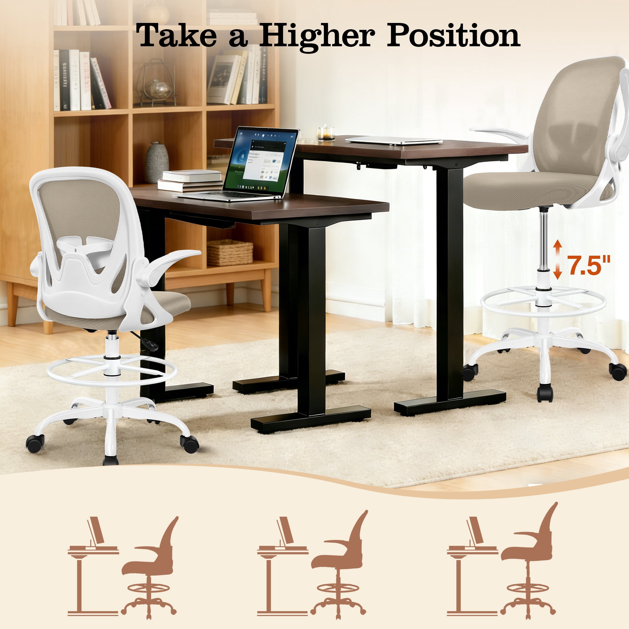 COOLHUT Tall Office Chair 400lbs with Footrest Ring, Standing Desk Chair with Flip-up Armrests, Adjustable Swivel Rolling Mesh Standing Desk Stool with Lumbar Support for Adults, Khaki