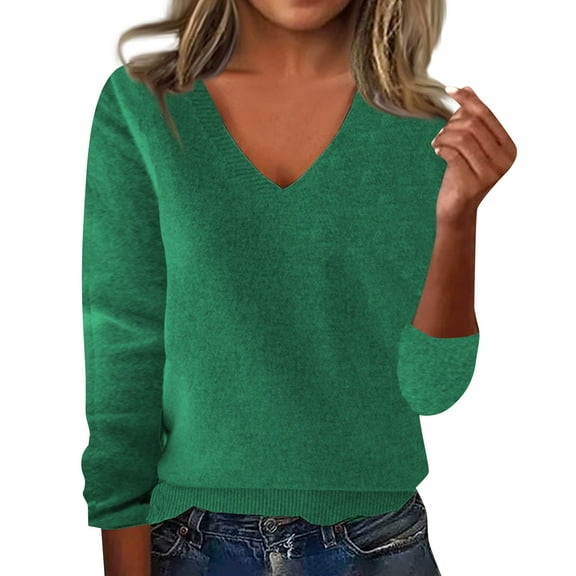 Warm Sweaters for Women V Neck Classic Soft Pullover Sweater Loose Casual Long Sleeve 2025 Fall Winter Green XL