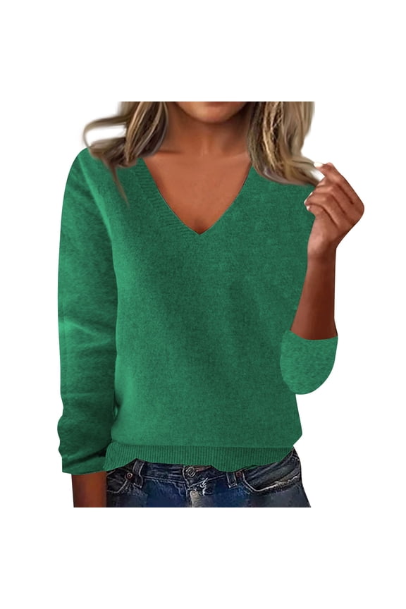 Warm Sweaters for Women V Neck Classic Soft Pullover Sweater Loose Casual Long Sleeve 2025 Fall Winter Green XL