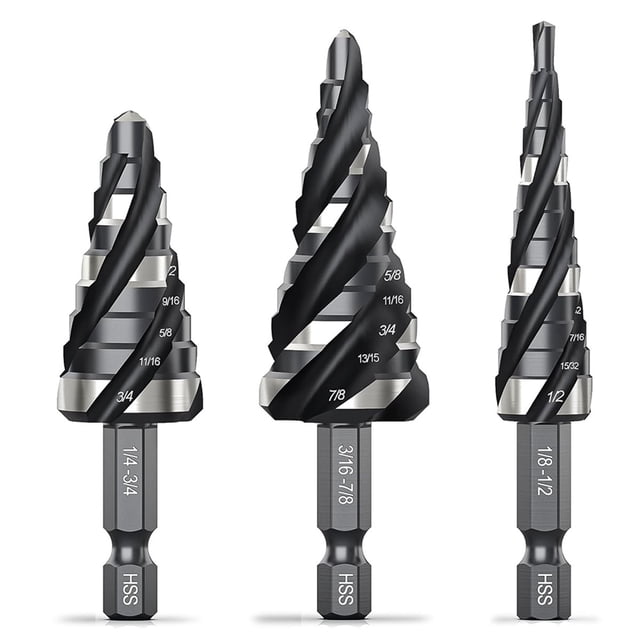 Juego de Brocas Escalonadas Cuatro Ranuras Espirales, 3 HSS (1/8"-7/8"), Unibit, Vástago 1/4"