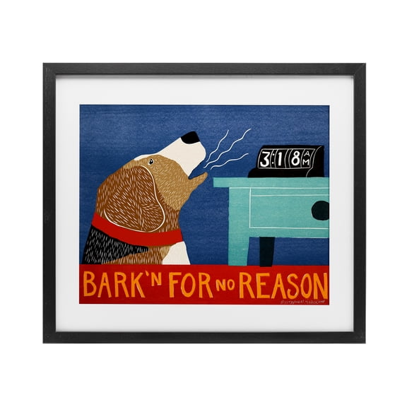 Bark'n For No Reason Black Framed Print Under Glass, design by Stephen Huneck