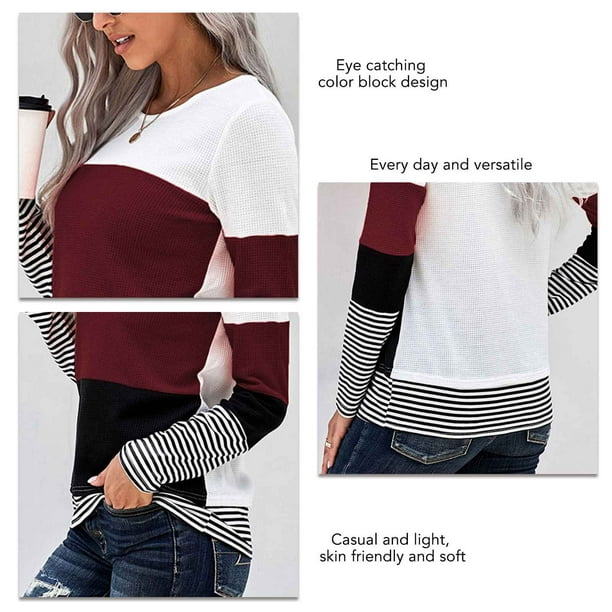 Round Neck Blouse, Color Block Women Fashion Blouse Long Sleeve