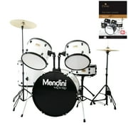 Mendini by Cecilio Complete Full Size 5-Piece Adult Drum Set w/ Cymbals Pedal Throne Sticks, Lesson Book, White MDS80-WH