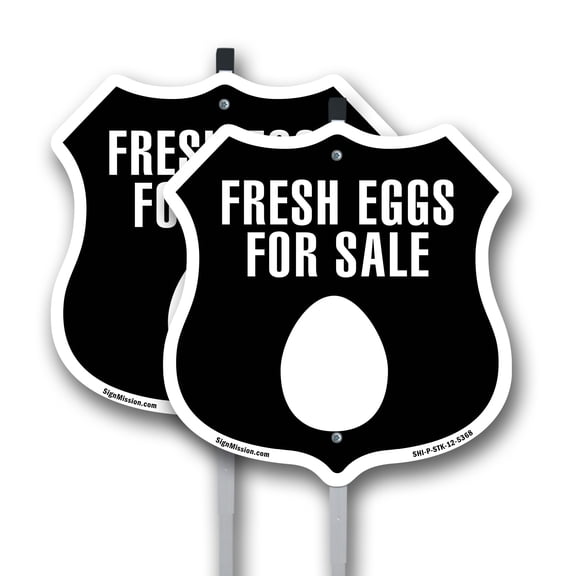 Fresh Eggs For Sale (2 Pack) 12 inch X 12 inch Shield Shaped Rust-Free Aluminum Metal Signs with Aluminum Mounting Stakes Weather Resistant Made in the USA