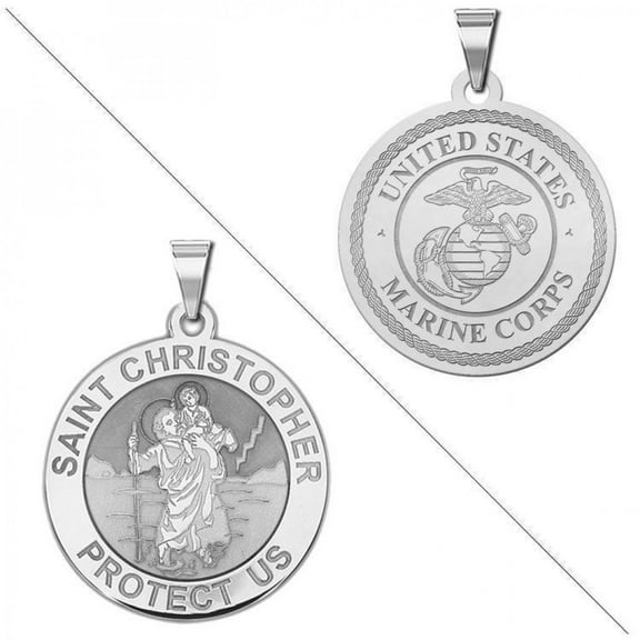 Saint Christopher Doubledside Marines Religious Medal - 2/3 in Size of a Dime - Sterling Silver