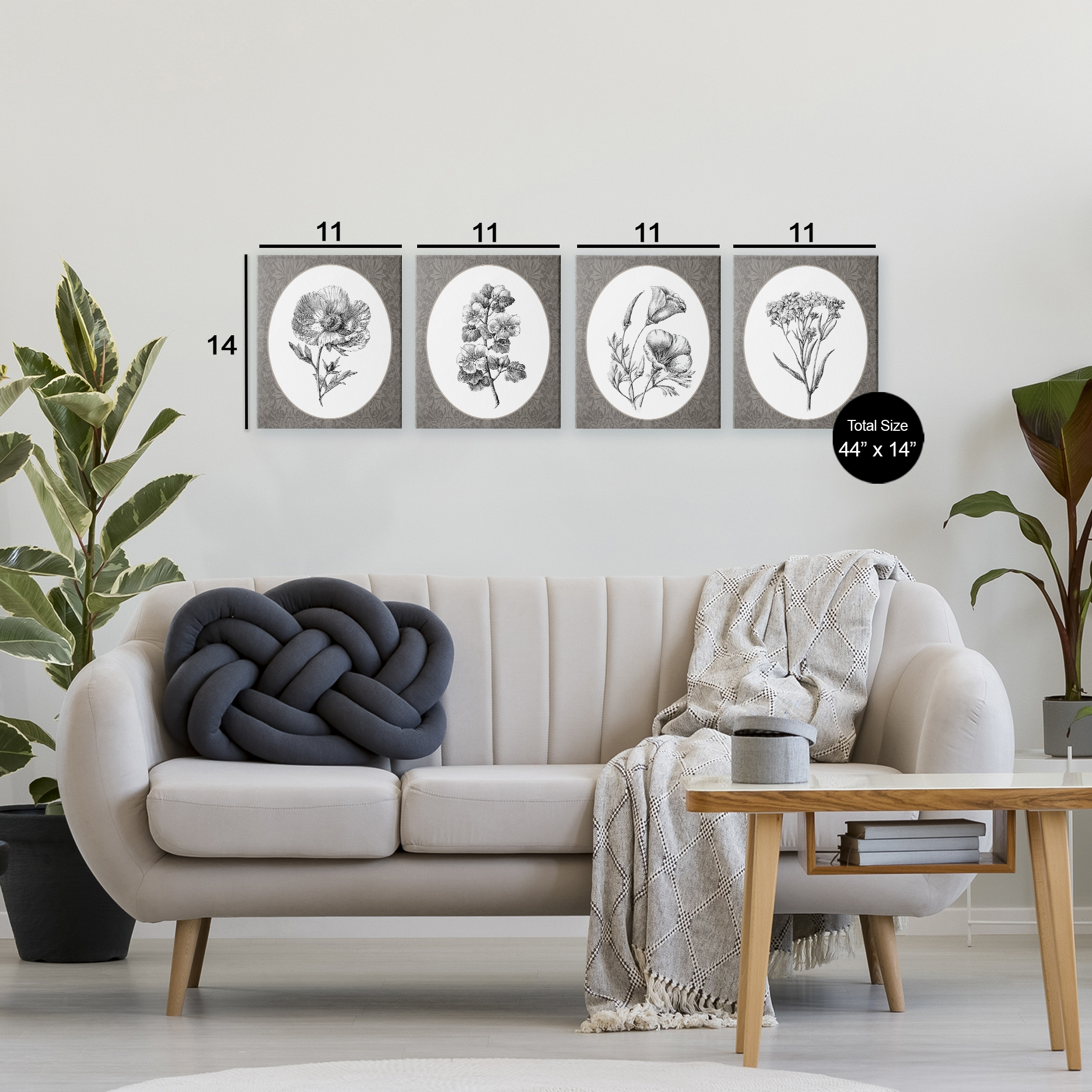 Ornate Blooms over Damask 4 Piece Canvas Wall Art Set, design by Lettered and Lined