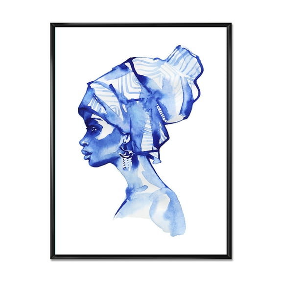 Designart 'Afro American Woman Blue Fashion Portrait' Modern Framed Canvas Wall Art Print