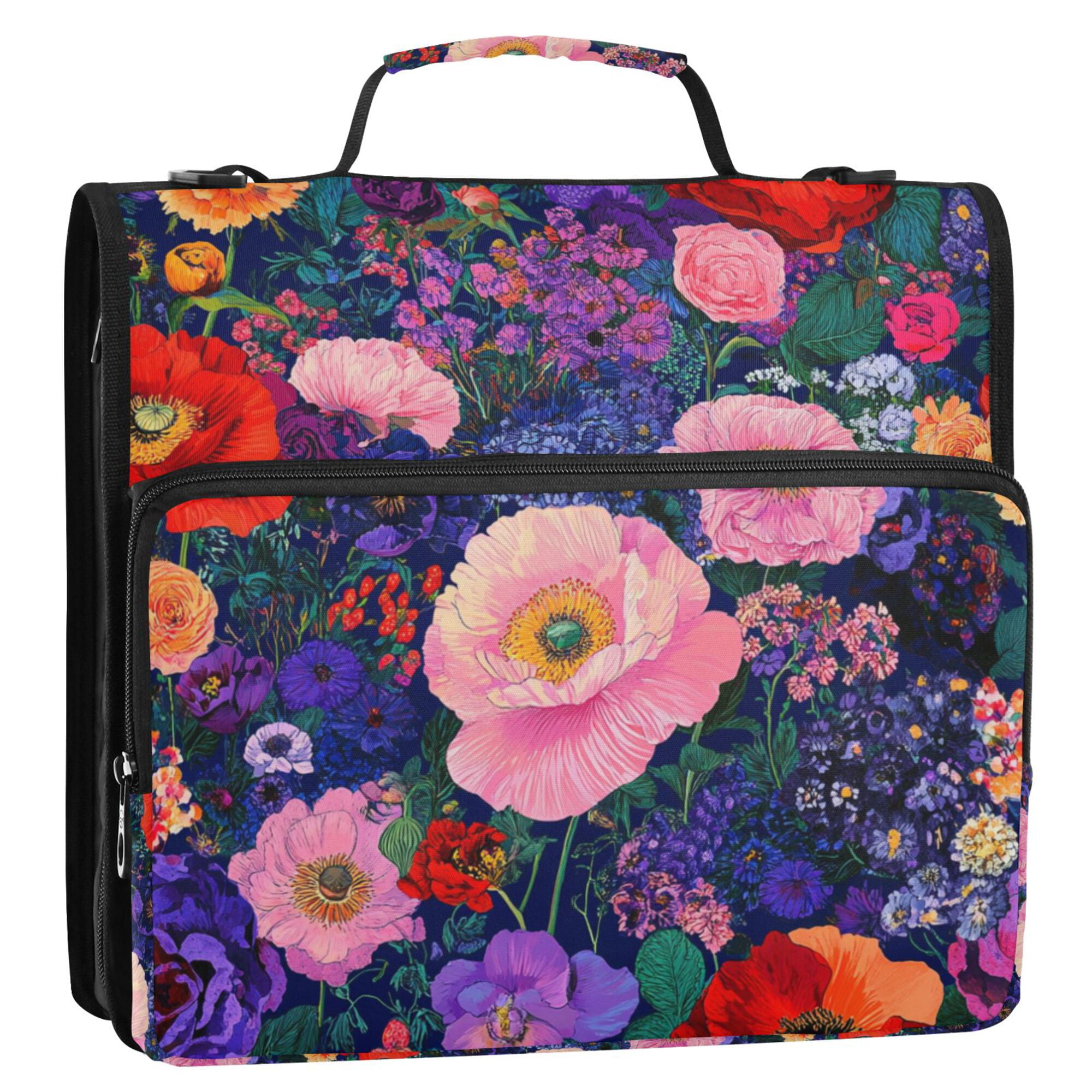 FORMRS Zipper Binder with Shoulder Strap 2-inch Ring 500 Sheet Capacity File Bag, Beautiful Floral Pattern