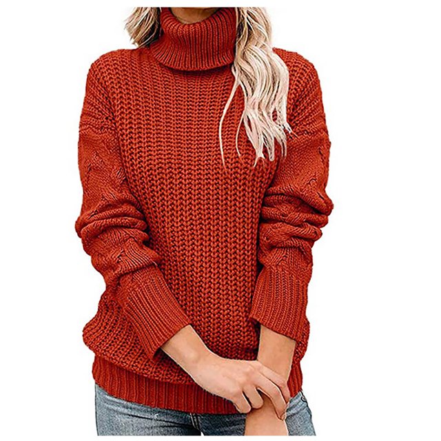 IROINID Women's Turtleneck Pullover Sweater Solid Color Leisure Mid-Length Long Sleeve Sweater Tops