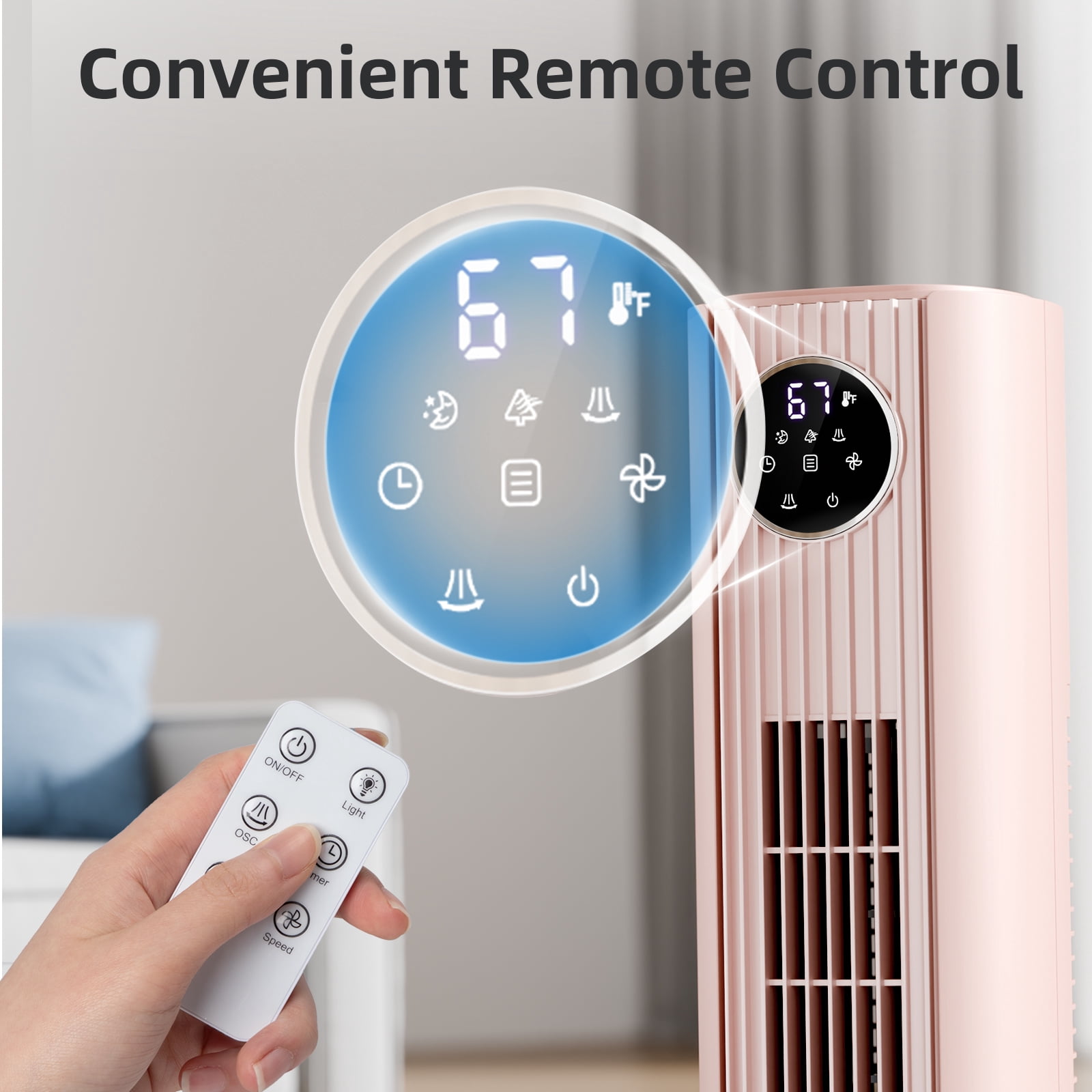 FREE VILLAGE 36 inch Tower Fan Portable Floor Fans,85°Oscillating Fan Quiet Cooling 12H Timer Remote Control Standing Bladeless Electric 3 Wind Speeds 4 Modes Bedroom Drom Office,Pink