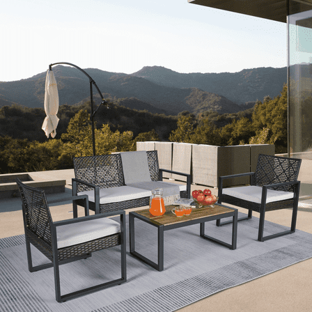 4-Piece Patio Furniture Set Outdoor Balcony Porch Garden Backyard Lawn Furniture Acacia Wood Table Top, Dark Grey and Beige Cushion