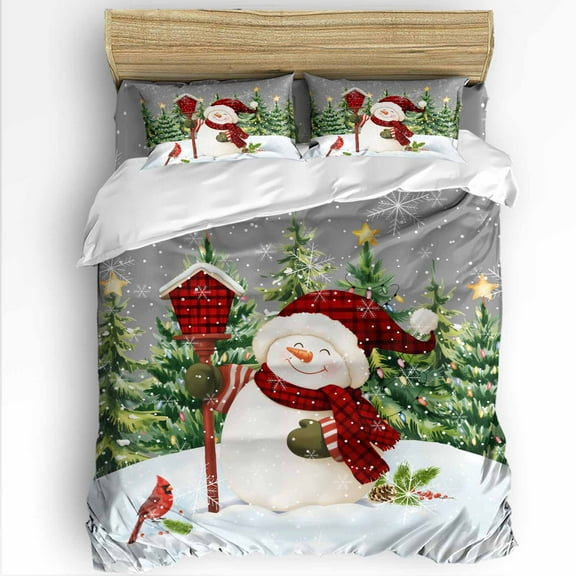 Christmas Snowman King Size Comforter Set, Xmas Tree Forest Snowflake Winter Grey Soft Bedding for All Seasons, 4 Pcs Bed Set with 1Comforter (90"x106") ,1 Sheet(94"x116"), 2 Pillowcases (19"x35")