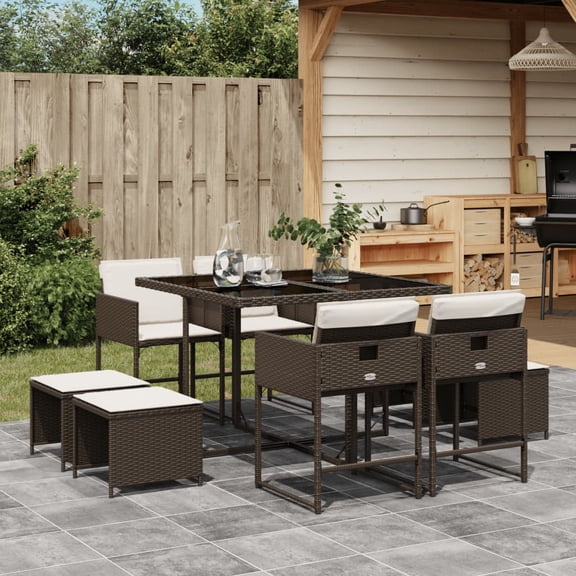 vidaXL 9 Piece Patio Dining Set with Cushions Brown Poly Rattan