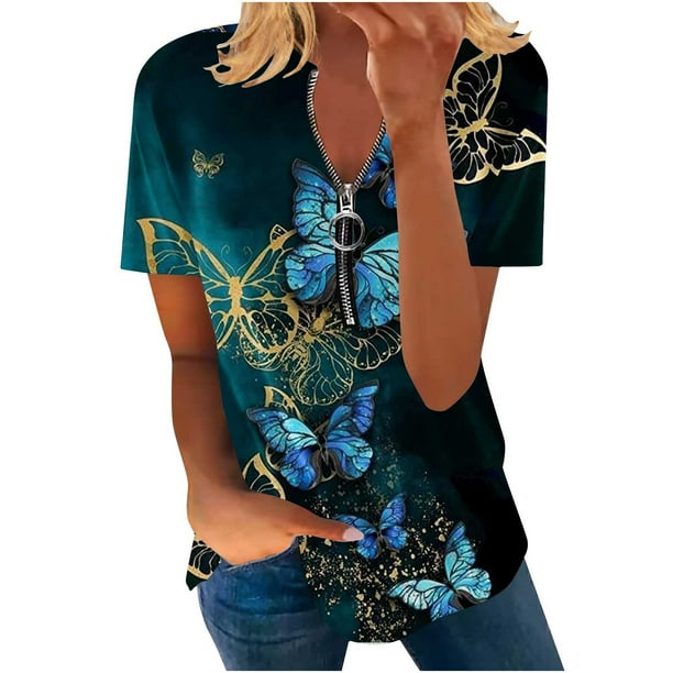 Blusa informal elegante de manga corta con cremallera y cuello redondo para mujer OAVQHLG3B Store lin121212