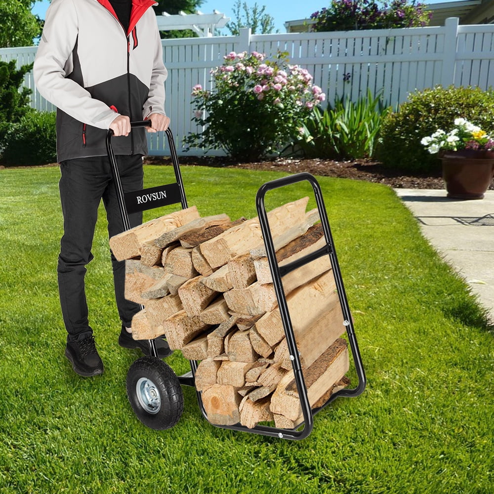 ROVSUN Firewood Log Cart & Carriers & Holders Wood Rack Dolly Fireplace Wood Mover, Black