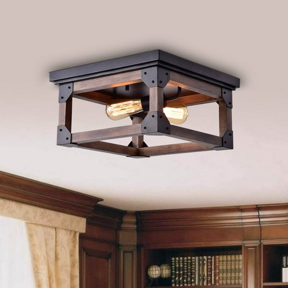 The Lighting Store Larissa Black Wood Industrial Square 2-light Flush-mount Fixture