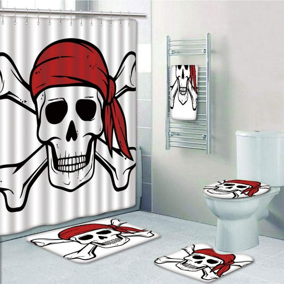 PRTAU Pirate Dead Pirate Skull Crossbones Red Bandana Scary Bandit Warning Icon Piracy Ruby 5 Piece Bathroom Set Shower Curtain Bath Towel Bath Rug Contour Mat and Toilet Lid Cover