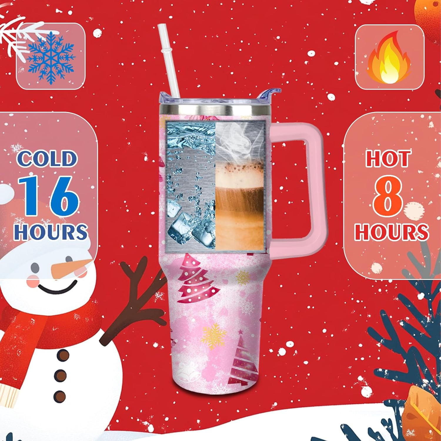 Christmas Tumbler 40 oz Christmas Tumblers with Handle and Straw Pink Christmas Tree Stainless Steel Insulated Coffee Cups Mugs Christmas Gifts Stuff Decor for Women Girls