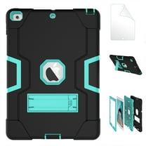 iPad 5th/ 6th Generation Case, New iPad 9.7 inch 2017/2018 Shockproof Kickstand Cover with HD Screen Protector Film - Black/Mint