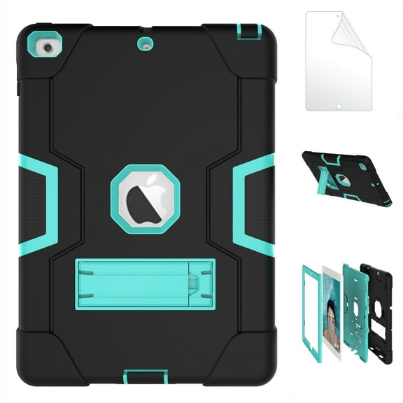 iPad 5th/ 6th Generation Case, New iPad 9.7 inch 2017/2018 Shockproof Kickstand Cover with HD Screen Protector Film - Black/Mint
