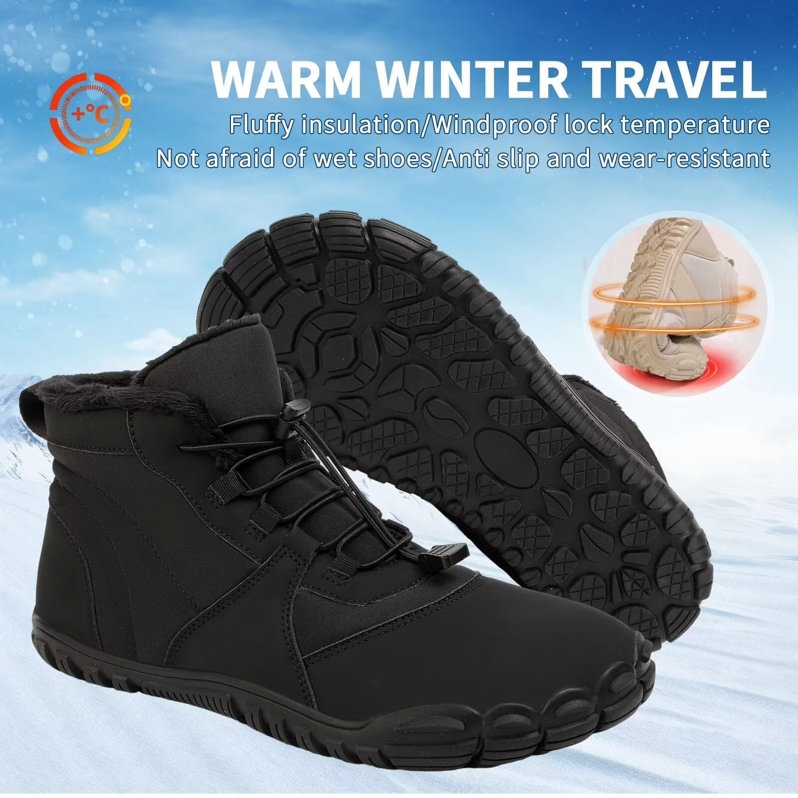 Yunkctuk Hiking Winter Footwear Barefoot Shoes Womens Mens,Snow Boots,Waterproof Wide Toe Box Barefoot Shoes,Warm Fur Lined Ankle Booties Hiking Trekking Trail Climbing Shoes Lace Up Anti-Slip Shoes