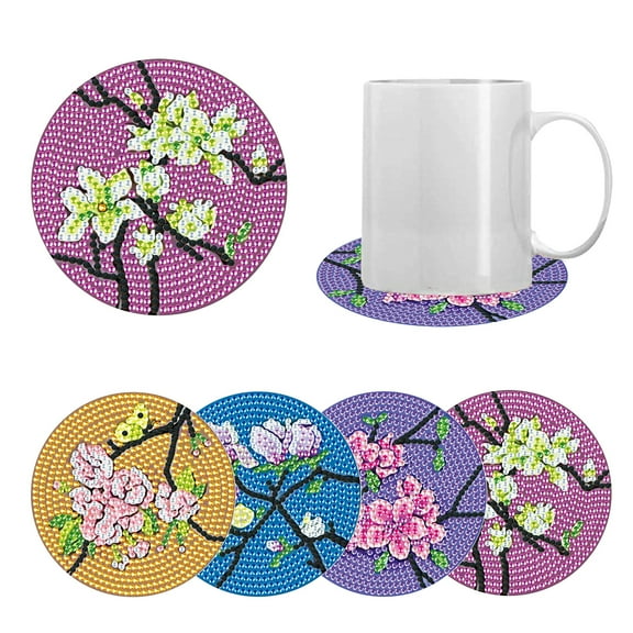 4pcs DIY Diamond Painting Coaster Kit with Colorful Peach Blossom Design and Stand, Perfect for Home Decor and Gift Giving