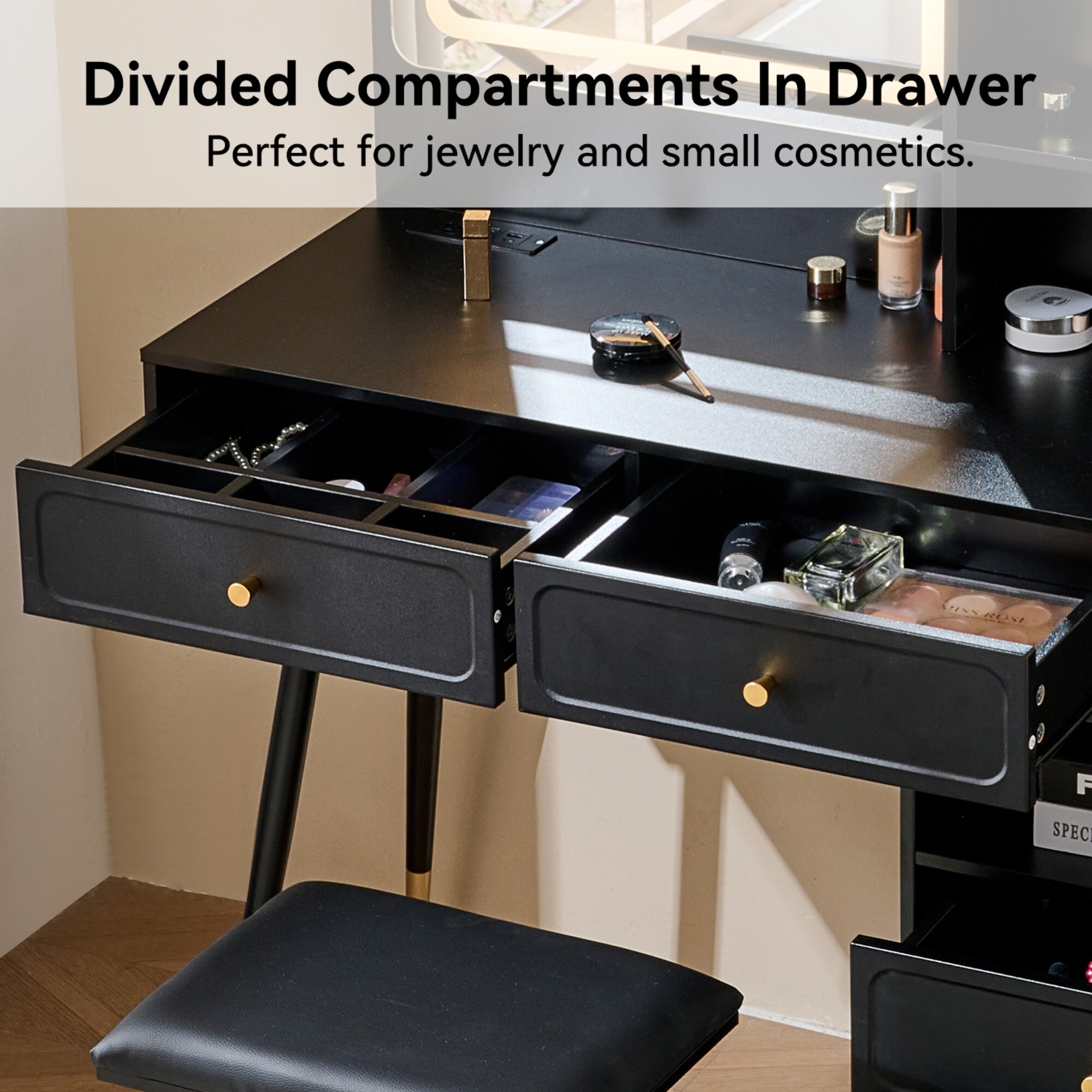 AENKYO Vanity Desk with LED Mirror, Built-in Outlets & Adjustable Cabinet, Modern Makeup Table with Stool, Black