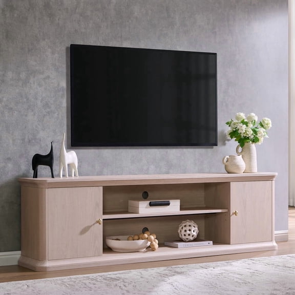 Aitjunz 70" TV Stand for TVs up to 75", Modern Media Console with Waterfall Wood Grain, Adjustable Shelves, 2 Storage Cabinets and Open Shelf, Entertainment Center for Living Room, Cream