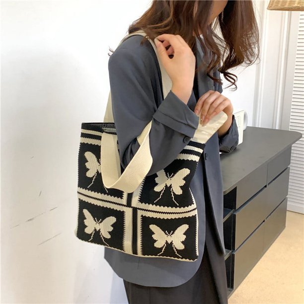 Bolso de hombro de punto de mariposa para mujer Bolso de lana de gran capacidad (negro)