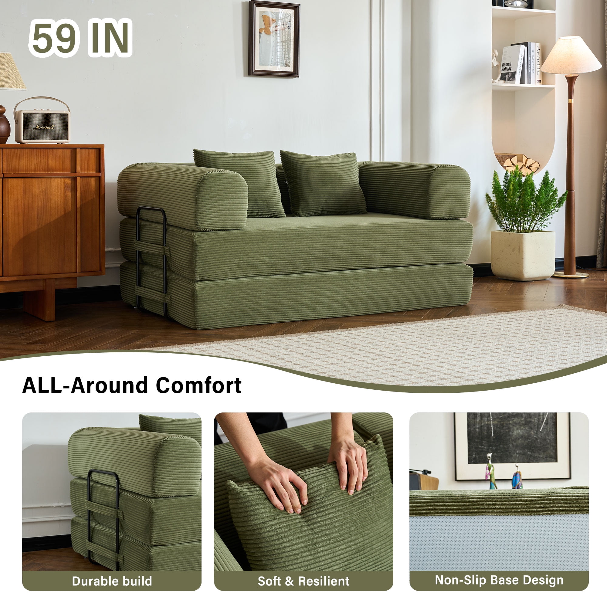 59" 5-in-1 Convertible Corduroy Sofa Bed, No-Assembly Boneless Loveseat Pull-Out Sleeper for Small Spaces(Green)