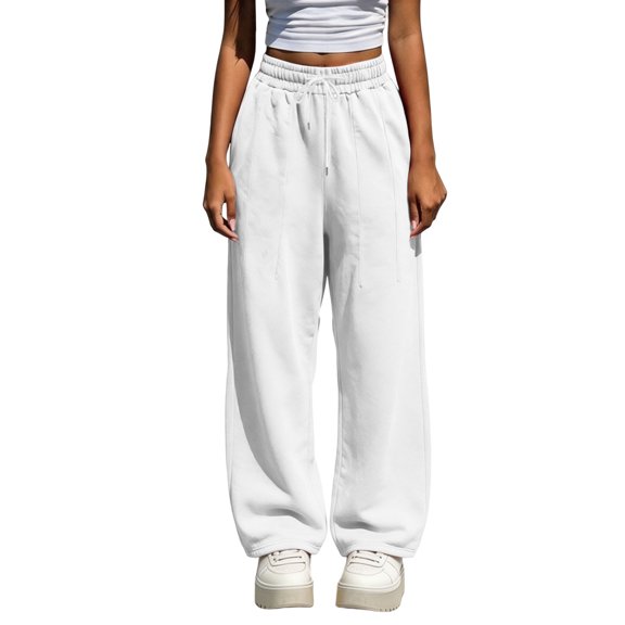Ghalytn Sweatpants Women's Elastic Drawstring Waist, Seam-Decor Wide Leg Soft Fleece Loose Pants with Pockets