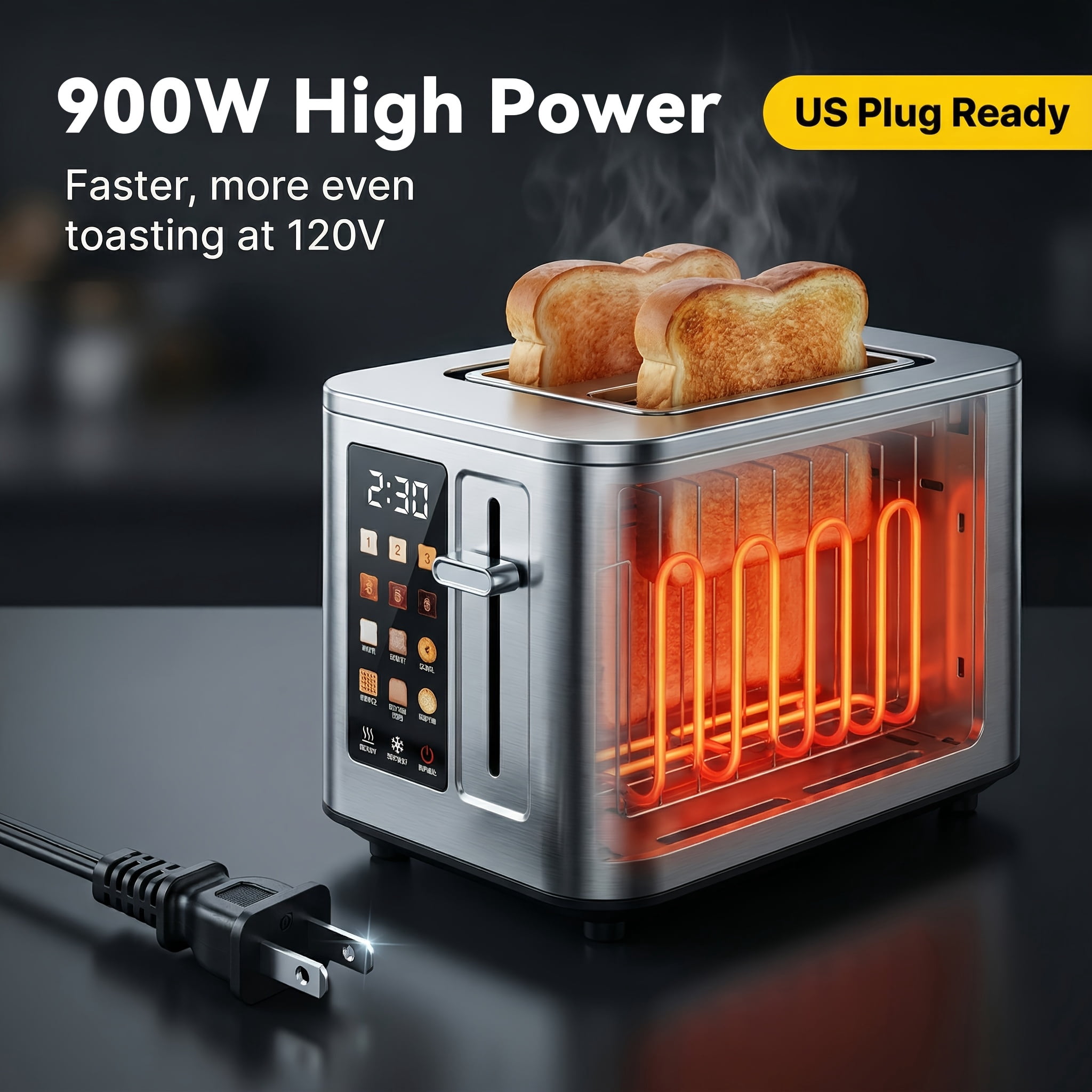 2-Slice Digital Touchscreen Toaster, 6 Bread Types & Toasting Levels, Widened Slots, Removable Crumb Tray, Compact & Easy-Clean