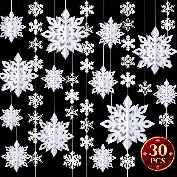 Christmas Hanging Snowflake Decorations 3D Paper Snowflakes Ornaments Large Snowflake Garland for Christmas White Winter Wonderland Indoor Home New Year Party Decorations 30 Pcs