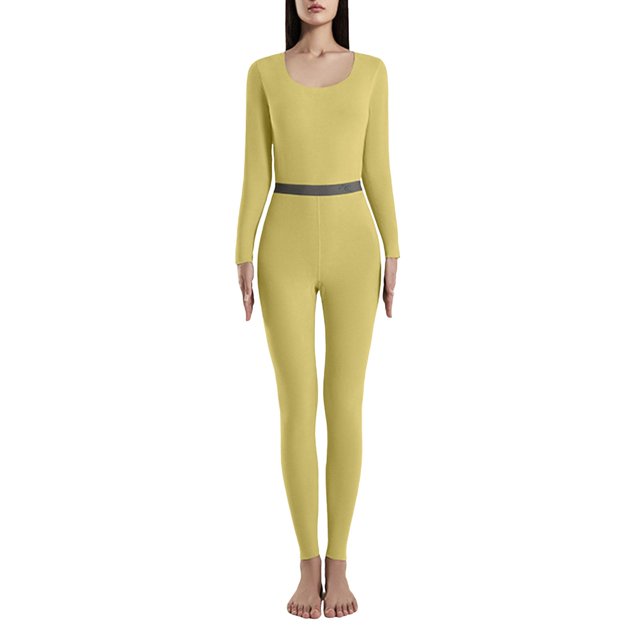 Gibobby Ropa interior Nueva ropa de otoño para mujer y pantalones, terciopelo doble, sin costuras, cuello en U, pantalones de manga larga, conjunto de ropa interior térmica de color(Amarillo, M)