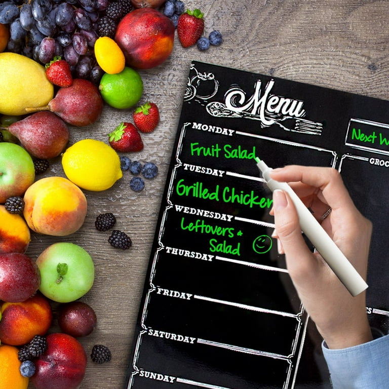 Magnetic Dry Erase Menu Board for Fridge: with Bright Neon Chalk Markers - Weekly Meal Planner Blackboard and Grocery List Notepad for Kitchen
