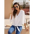 thumbnail image 4 of Borke Womens Button Down V Neck Tie Knot Front Tops 3/4 Sleeve Chiffon Casual Blouse Shirts, 4 of 9