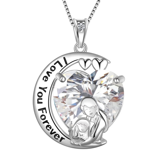 Juwaliy Collar de Luna Amor Corazón Madre Hija Plata Esterlina 925 Diamante Piedra de Nacimiento de Abril Dije Joyería Mujer Regalo de Navidad Cumpleaños Día de la Madre